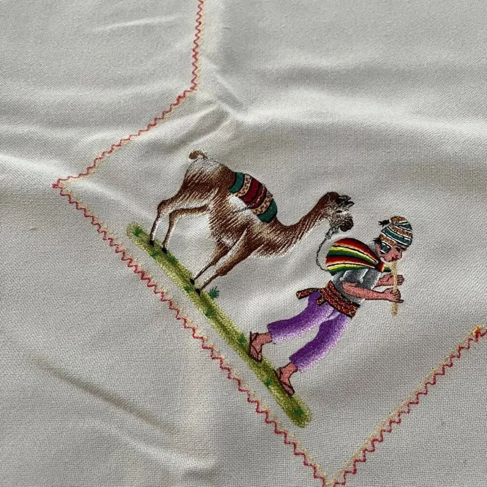 Vintage Hand-Embroidered Folk Figures & Motifs Taupe Cotton Tablecloth 52 x 70
